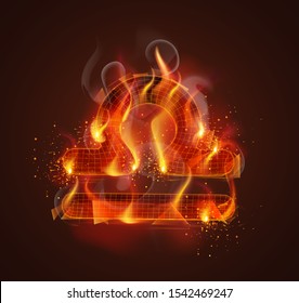 3d vector symbol on fire with smoke and sparks on a dark red background
