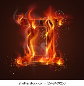 3d vector symbol on fire with smoke and sparks on a dark red background