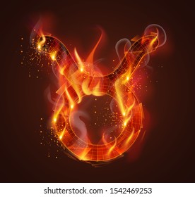 3d vector symbol on fire with smoke and sparks on a dark red background