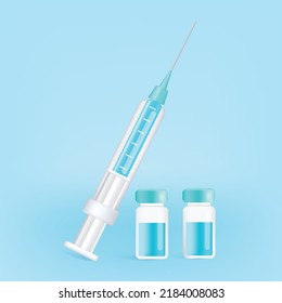 3D vector Syringe for vaccine, vaccination, injection, flu shot. 3d Vaccination icon with Medical equipment.