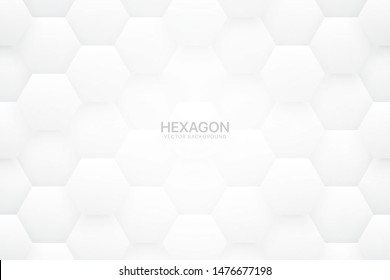 3D Vector Technologic Hexagonal Blocks White Abstract Background. Scientific Tech Hexagon Grid Pattern Light Conceptual Wallpaper. Three Dimensional Clear Blank Subtle Textured Backdrop