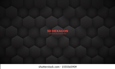 3D Vector Technological Hexagon Pattern Dark Mode Abstract Background. Conceptual Sci-Fi Tech Hexagonal Blocks Structure Minimalism Art Black Wallpaper. Clear Blank Subtle Textured Banner Backdrop