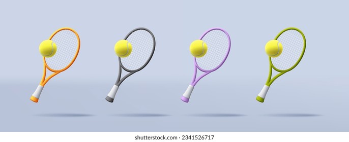 3d Vector Tennis Racket with Ball set in different colours illustration, render style