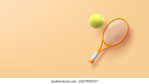 3d Raqueta de tenis vectorial con ilustración de bolas, afiche de competición de deportes y juegos con lugar para copia, gráficos de representación realistas