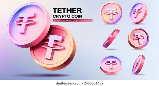 3D Vector Tether Cryptocurrency Coins Set. Perspective Illustration about Crypto Coins