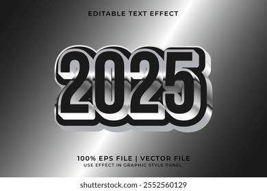 3D vector text effect for New Year 2025 with metallic gradient colors, blending smooth silver, gold, and chrome tones
