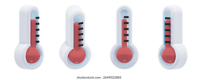 3d vector thermometer weather icon, global warming hot temperature in red. Includes four different angles. Glossy modern look, ideal for weather apps, forecasts, infographics and digital interfaces.