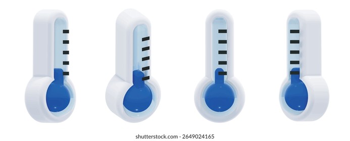 3d vector thermometer weather icon, global cold temperature in blue. Includes four different angles. Glossy modern look, ideal for weather apps, forecasts, infographics and digital interfaces.