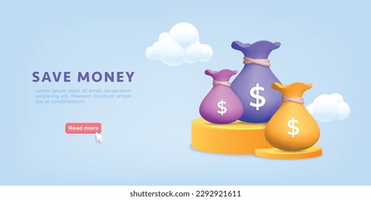 3d vector tres bolsas de dinero a color diferentes, libras o saco en el diseño de banner de escenario o podio. Inversión, pago fácil de crédito, pago rápido en línea o idea de servicio de préstamo.