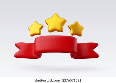 3d Vector Three star golden prize badge with red ribbon, Premium Quality guarantee label, Victory game champion. Eps 10 Vector.