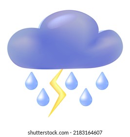 3d Vector thunderstorm. Cartoon minimalistic illustration. Cloud object isolated on white background. 