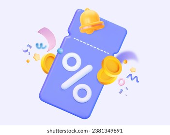 3D vector ticket and bell notification with confetti. Holiday gift voucher for birthday, new year, housewarming party. Online promo sale shopping. promotion on goods or discount on various services. 