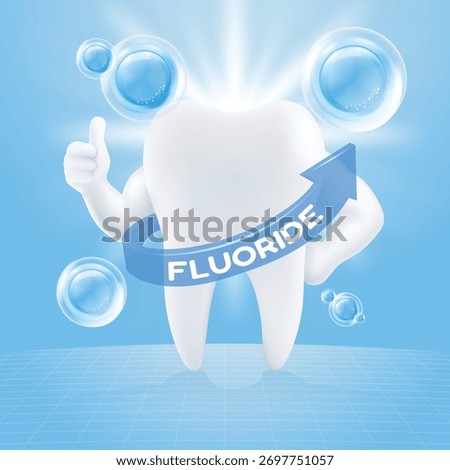 3D vector tooth mascot gives a thumbs up. A Fluoride arrow wraps around, symbolizing strong enamel protection and remineralization. Ideal for toothpaste or dental care ads.
