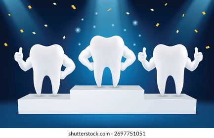 Mascotes de dente vetorial 3D no pódio do vencedor com holofotes e confetes. Simboliza o melhor tratamento dentário premiado, qualidade campeã ou um produto de alta qualidade.