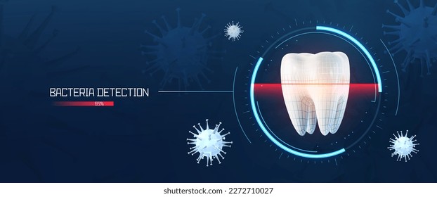 Rayo X de exploración de dientes vectoriales 3d con wireframe con elementos de diseño HUD futuristas sobre fondo oscuro. Banner de la web de investigación científica sobre innovación en exámenes dentales.