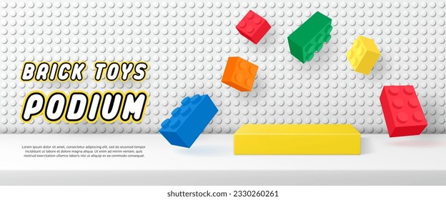 Pancarta de pie geométrico de juguete infantil Vector 3D con un colorido juguete de ladrillo de bloques de construcción para tienda de niños, tienda en línea, afiche, promoción de descuento en ventas, medios sociales, web, post, anuncios, tienda de bebés