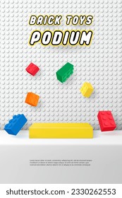 3D Vector toy display geometric stand podium banner template with Building block brick toy for kid product store, online shop, baby poster, sale discount promotion, social media, stage, post, ads