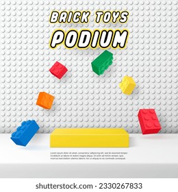 3D Vector toy display geometric stand podium banner template with Building block brick toy for kid product store, online shop, baby poster, sale discount promotion, social media, stage, post, ads