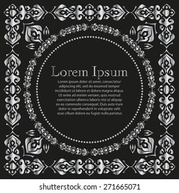 3D Vector Traditional Vintage Silver Square And Round Ornament on a black background With Frame For Your Text
