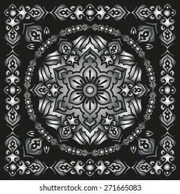 3D Vector Traditional Vintage Silver Square And Round Ornament on a black background With Frame For Your Text
