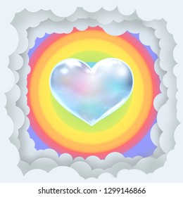 3D vector transparent rainbow heart symbol and paper cut cloud frame template on rainbow circle striped background