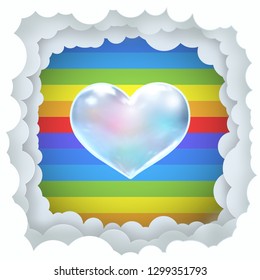 3D vector transparent rainbow heart symbol and paper cut cloud frame template on rainbow striped background