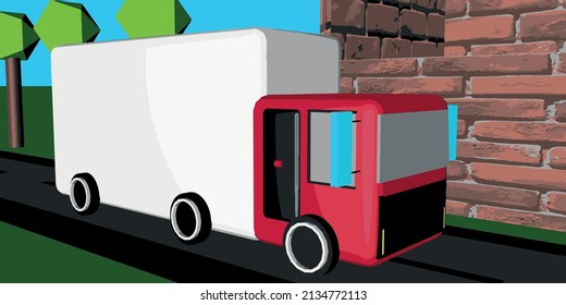 3D vector transportation and cargo vehicle work. Brick walled house. 3D Trees, green grass and blue sky. cartoon car.