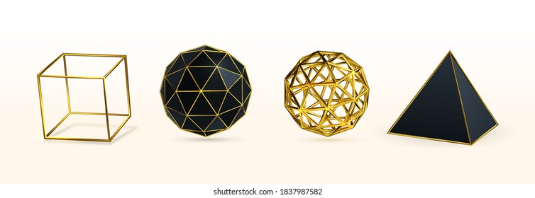 3D Vektorgrafik modische geometrische Primitive Form Set. Goldener Würfel, Polygonal-Kugel, Pyramide einzeln auf weißem Hintergrund