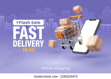 3d Vector of Trolley. Fast delivery and shipping on magenta town background. Fast delivery, express and urgent shipping concept.