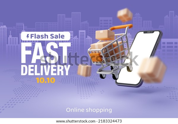 3d Vector of Trolley. Fast delivery and shipping\
on magenta town background. Fast delivery, express and urgent\
shipping concept.