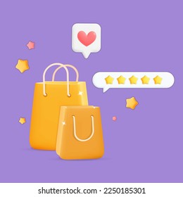 3d vector dos bolsas de regalo de tienda amarilla con banner de diseño de elemento web. Calificación de rendimiento realista y plantilla de revisión del cliente para el afiche de venta de compras en línea. Marketing, concepto de negocios de medios sociales.