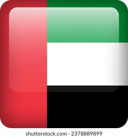 3D-Vektorgrafik Vereinigte Arabische Emirate Fahndungsknopf glänzend. Nationalemblem der VAE Square Symbol mit Flagge der Arabischen Emirate.
