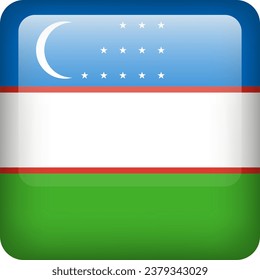 3d vector Uzbekistan flag glossy button. Uzbek national emblem. Square icon with flag of Uzbekistan