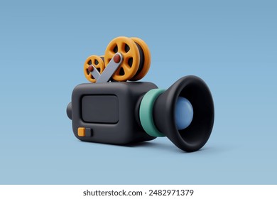 3d Vector Video camera with films, Film recorder, Movie, Clips, Entertainment equipment concept. Eps 10 Vector. 