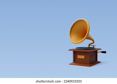 3D Vector Vintage Gramophone Sound Player mit schwarzer Audio-Disc, Soundausrüstung, Musik und Instrument Konzept. EPS10 Vektor.