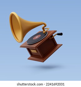 3d Vector Vintage Gramophone sound player with black audio disk, Sound equipment, Music and Instrument concept. Eps 10 Vector.