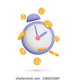 3d Vector violet alarm clock with lots of gold dollar coin icon illustration. Time is money. Long financial investment, future income, money profit benefit, cash back, annual revenue concept design. 