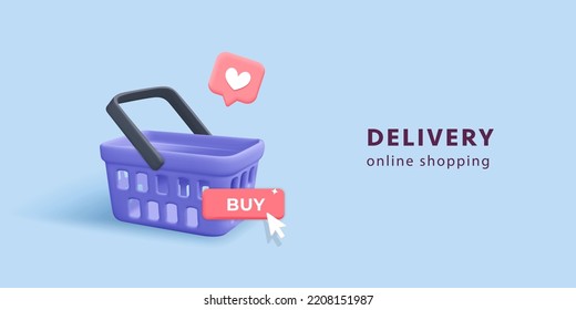 3d vector violet shopping basket with like icon for online web or mobile app banner. Realistic render empty store cart or trolley symbol, buy button, computer mouse arrow. Digital marketing, promotion