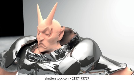 3D vector warrior human. Warrior knight in metal armor. Horned, scary face cartoon character. Vector human texture and illustration 3D character.