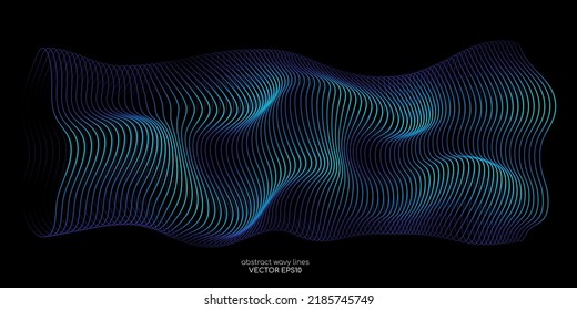 3D Patrón de líneas de onda de vectores curva suave que fluye luz de gradiente verde azul dinámico aislado en el fondo negro para el concepto de tecnología, digital, comunicación, ciencia, música