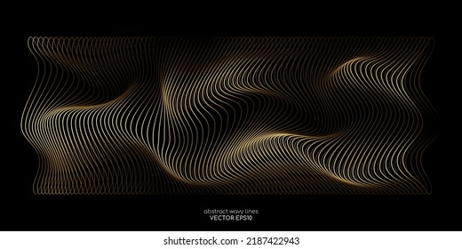 3D Vector wave lines pattern smooth curve flowing dynamic gold gradient light isolated on black background for concept of luxury, technology, digital, communication, science, music