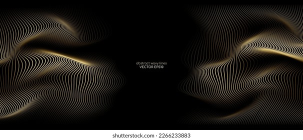 3D Líneas de onda vectorial patrón curva suave que fluye luz dinámica de gradiente dorado aislada en fondo negro para concepto de lujo, tecnología, digital, comunicación, ciencia, música.