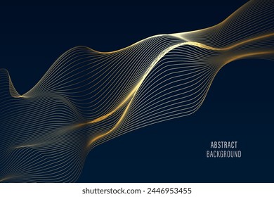 3D Vektorgrafik Wave Lines Muster glatte Kurve fließend dynamisches Goldgradientenlicht isoliert auf dunklem Hintergrund für Konzept von Luxus, Technologie, Digital, Kommunikation, Wissenschaft, Musik