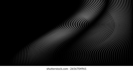 3D Vector wave lines pattern smooth curve flowing dynamic white light isolated on black background for concept of technology, digital, communication, science, music
