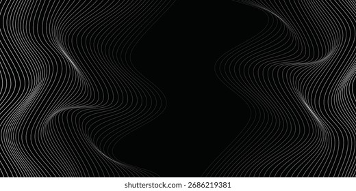 3D Vetor onda linhas padrão curva suave fluindo luz branca dinâmica isolada no fundo preto para o conceito de tecnologia.