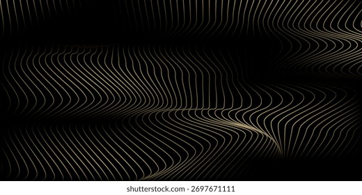 3D Vector wave lines pattern smooth curve flowing dynamic gold gradient light isolated on black background for concept of luxury, technology, digital, communication, science, music