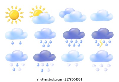 3d Vector Weather Icon Set (sun, Clouds, Rain, Snow). 
Cartoon  Realistic Objects, Minimalistic Illustration. 
Meteorology Icons Isolated On White Background. 