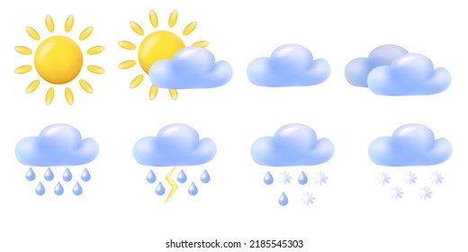 3d Vector weather icon set (sun, clouds, rain, snow). 
Cartoon  realistic objects, minimalistic illustration. 
Meteorology icons isolated on white background. 