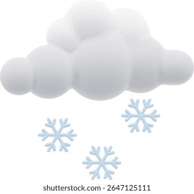 Ícone de tempo vetorial 3D mostrando nuvens brancas macias com flocos de neve caindo. Uma representação suave e limpa do tempo nevado para aplicativos, apresentações ou kits de interface do usuário.