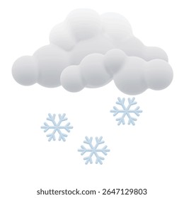 Ícone de tempo vetorial 3D mostrando nuvens brancas macias com flocos de neve caindo. Uma representação suave e limpa do tempo nevado, isolado.